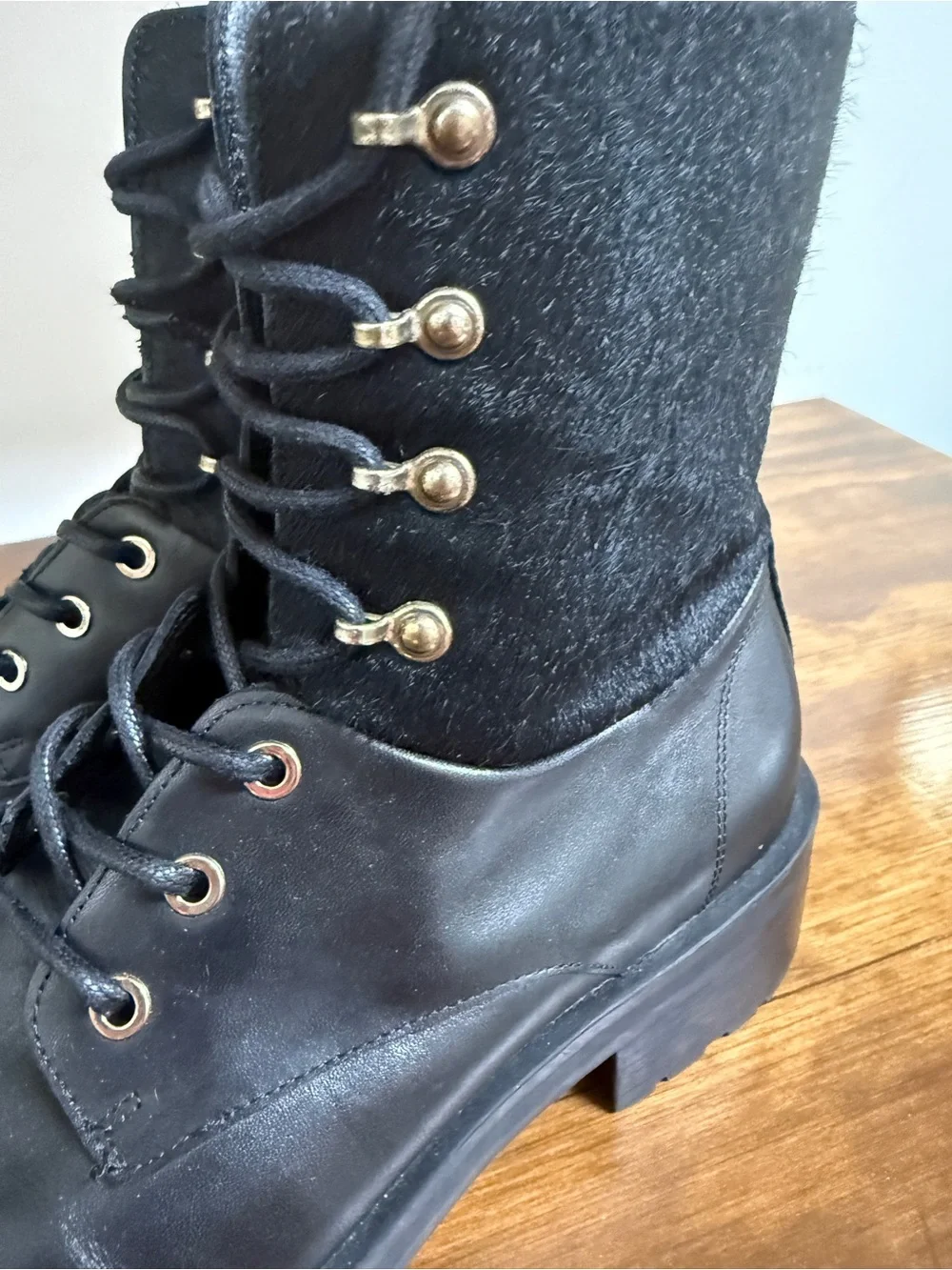 Massimo Dutti Black Leather & Pony Hair Lace-Up Ankle Boots